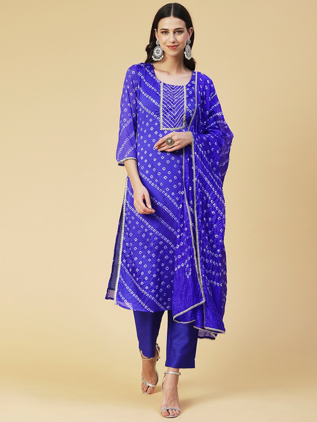 

FASHOR Bandhani Printed Regular Gotta Patti Kurta With Trousers & Dupatta, Blue