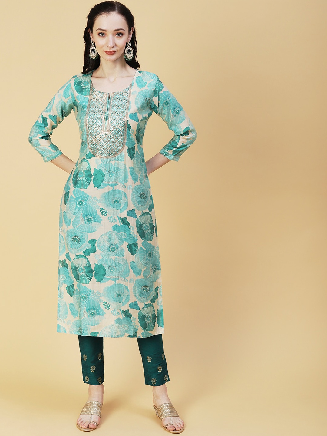 

FASHOR Floral Printed Sequined Straight Kurta, Turquoise blue