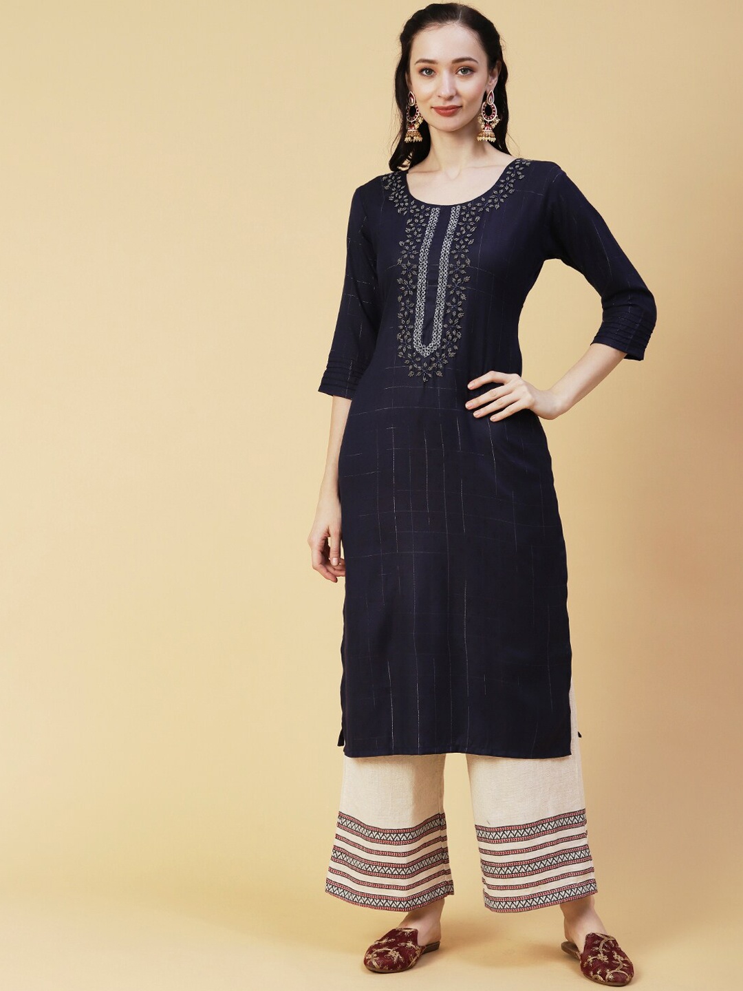 

FASHOR Woven Design Bead Work Straight Kurta, Navy blue
