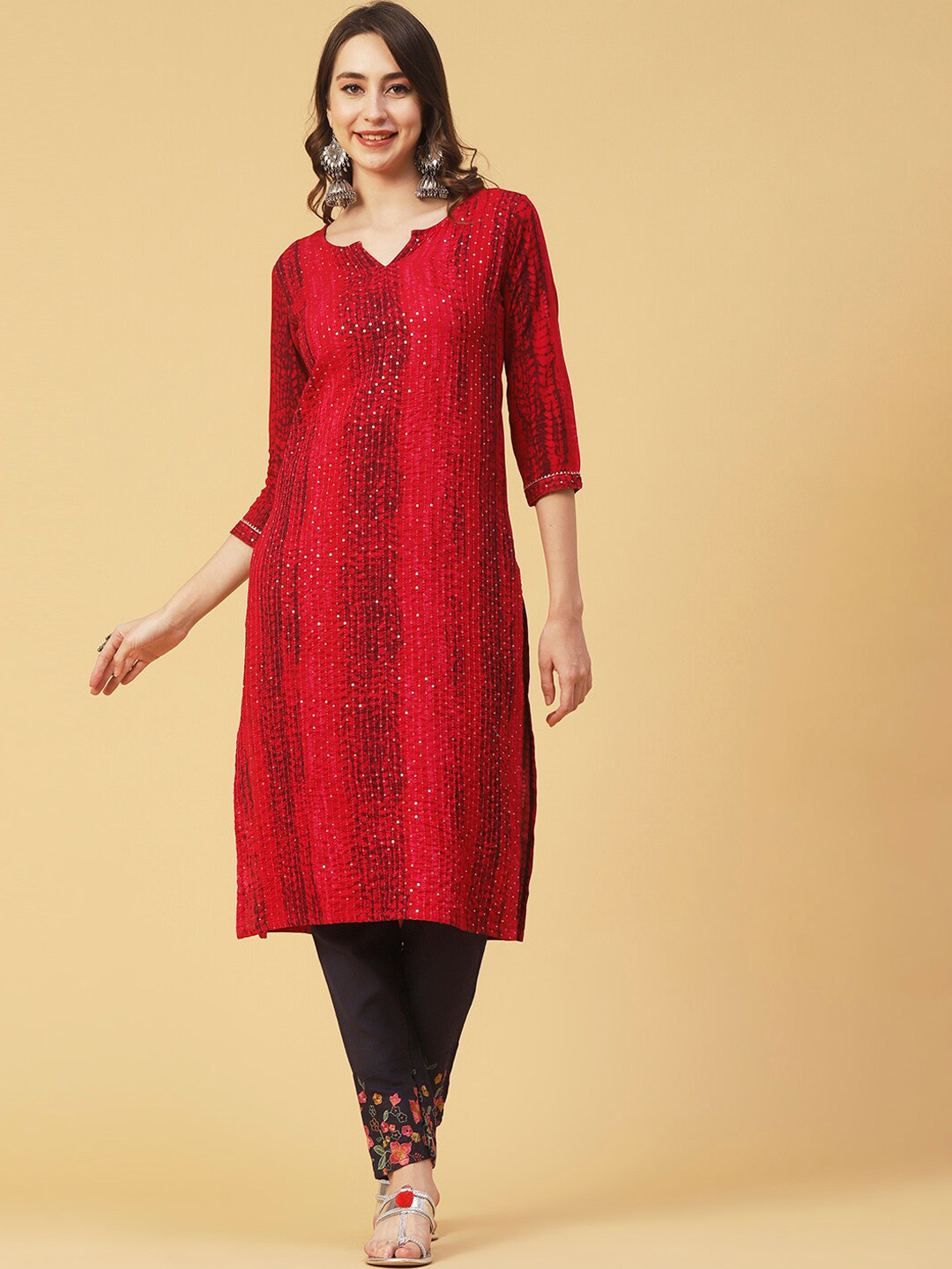 

FASHOR Abstract Printed Sequined Straight Kurta, Red