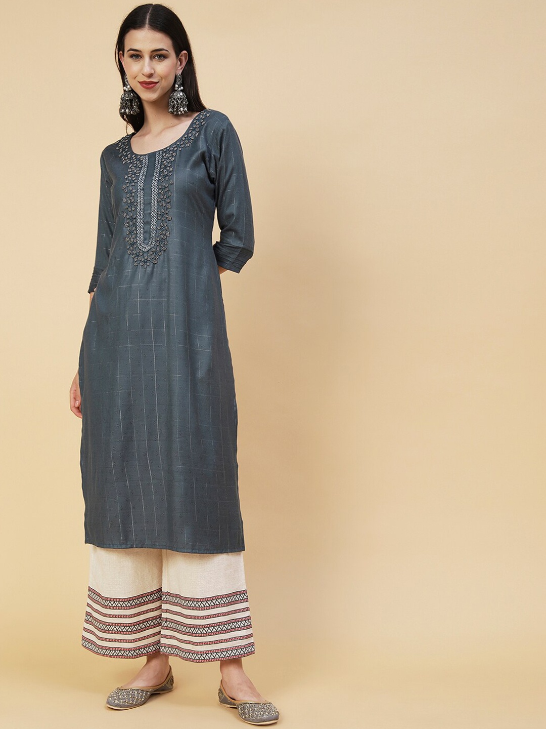 

FASHOR Woven Design Bead Work Straight Kurta, Grey