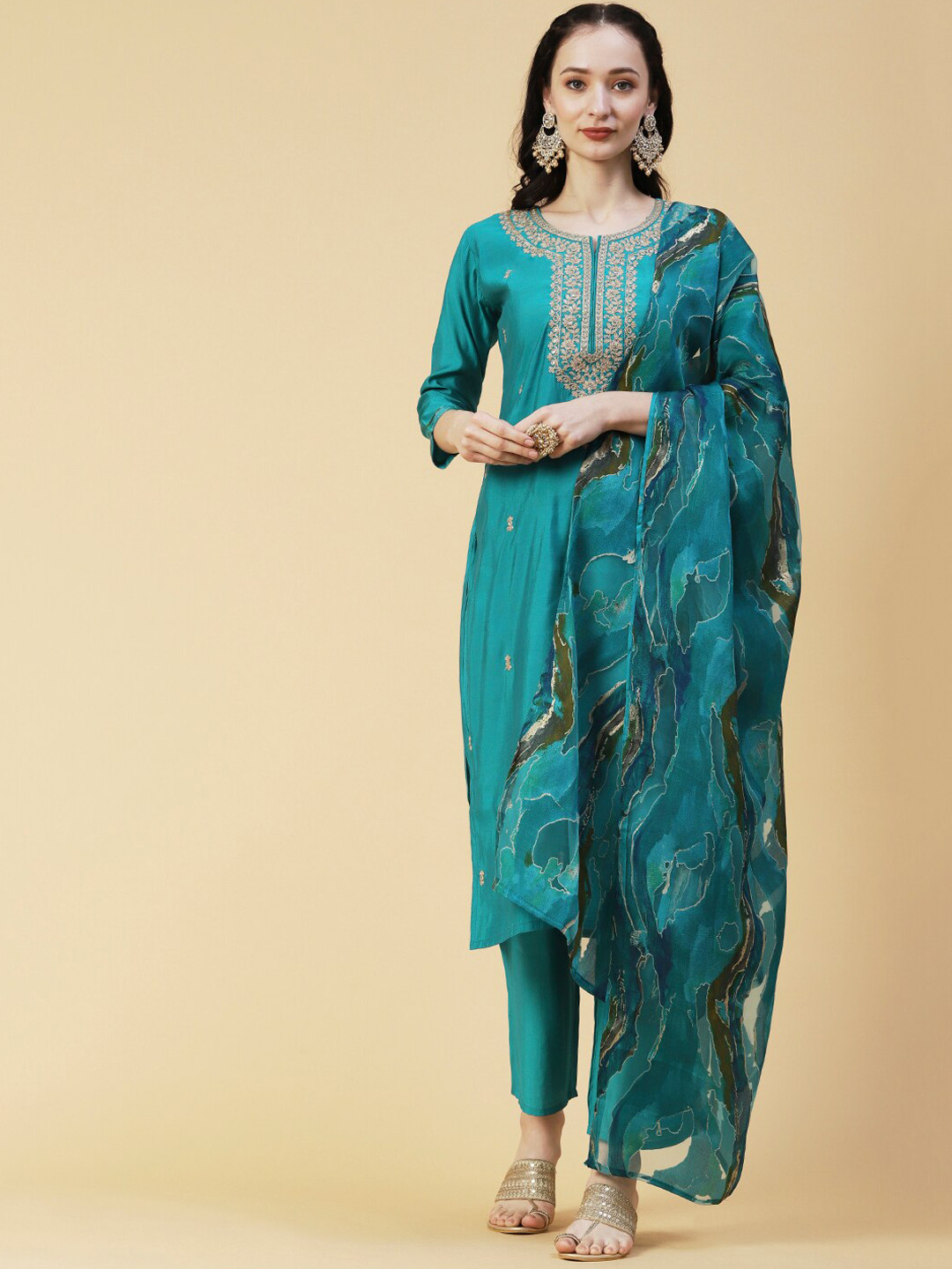 

FASHOR Ethnic Motifs Embroidered Notched Neck Kurta With Trousers & Dupatta, Turquoise blue