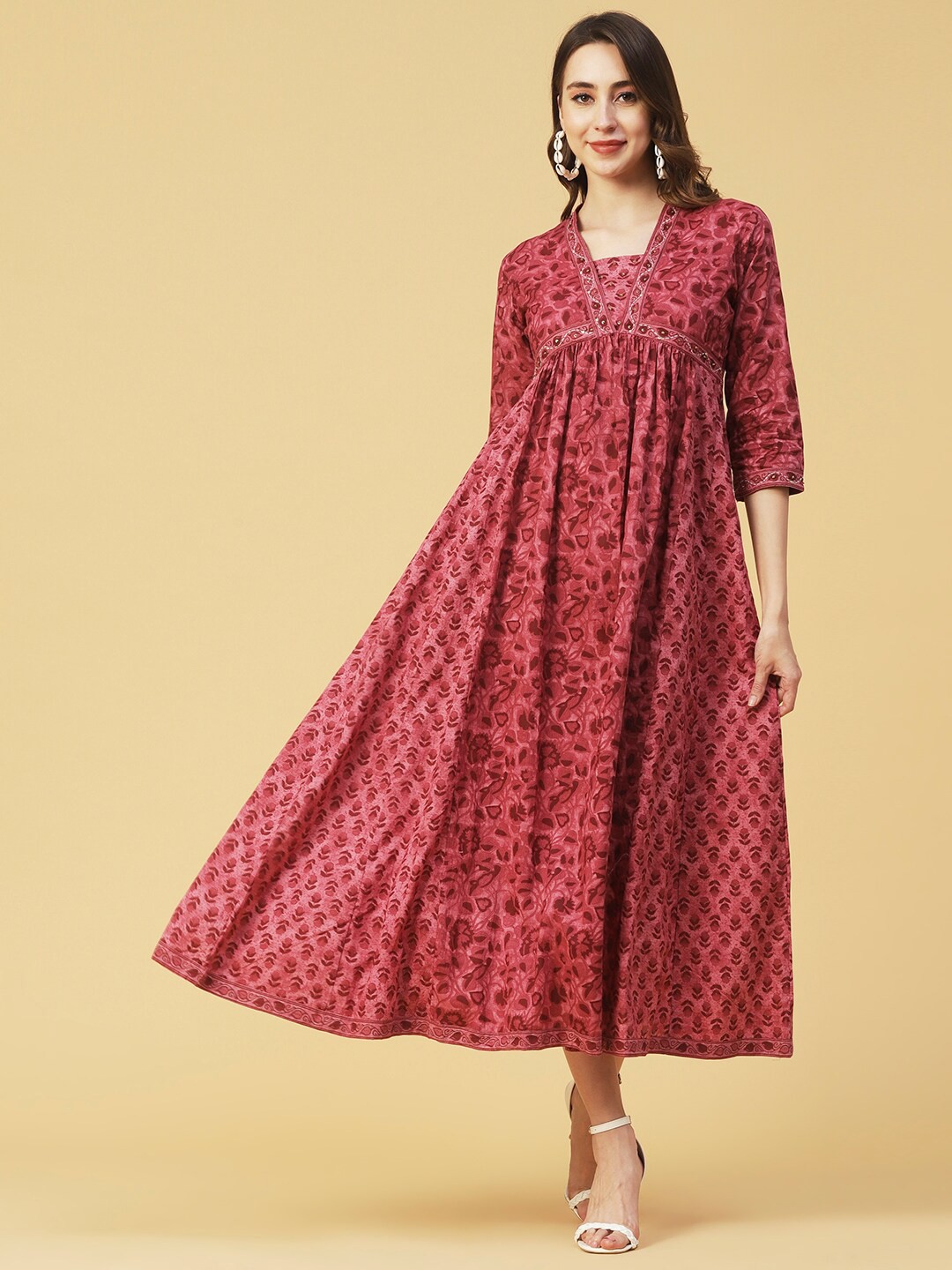 

FASHOR Ethnic Motifs Printed Embellished Cotton Maxi Dress, Rust