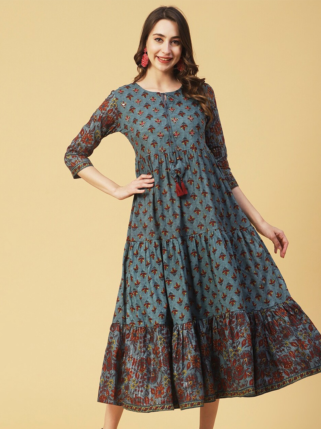 

FASHOR Ethnic Motifs Printed Tie Up Neck Embroidered Fit & Flare Cotton Maxi Dress, Teal