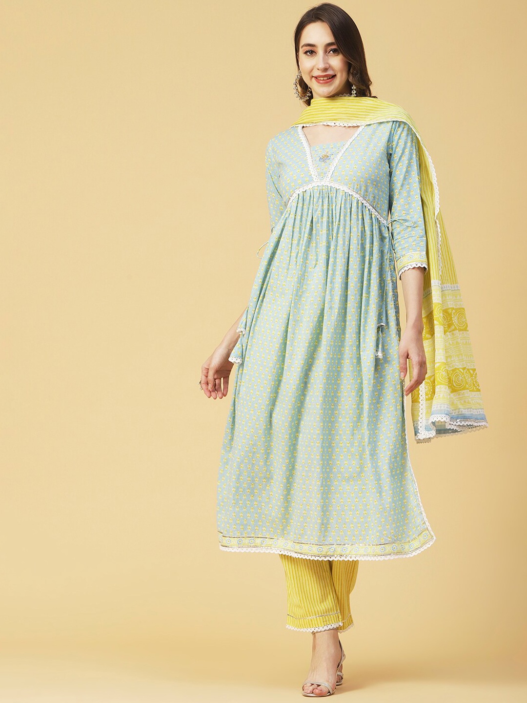 

FASHOR Printed Thread Work Sequined A-Line Pure Cotton Kurta with Trousers & Dupatta, Sea green