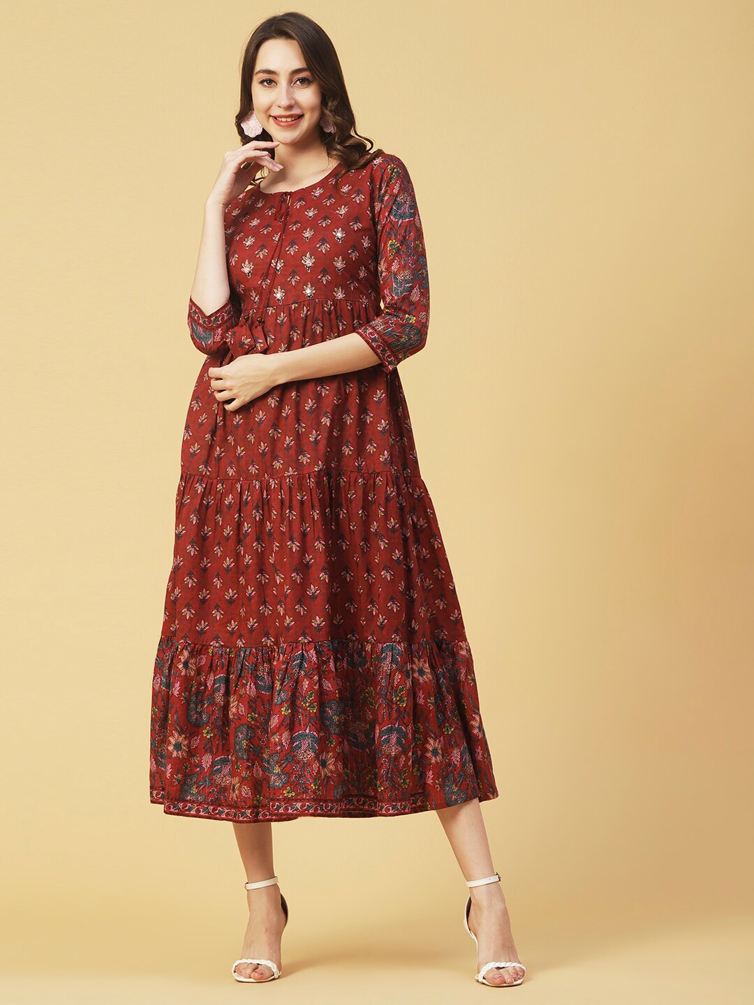 

FASHOR Ethnic Motifs Printed Tie Up Neck Embroidered Fit & Flare Cotton Maxi Dress, Rust