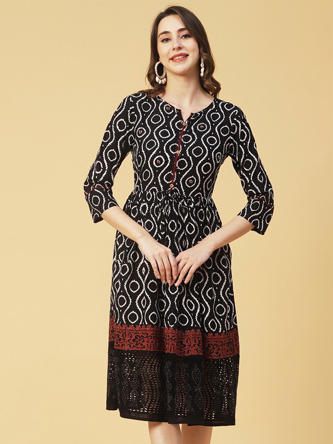 

FASHOR Ethnic Motifs Printed Fit & Flare Cotton Midi Ethnic Dress, Black