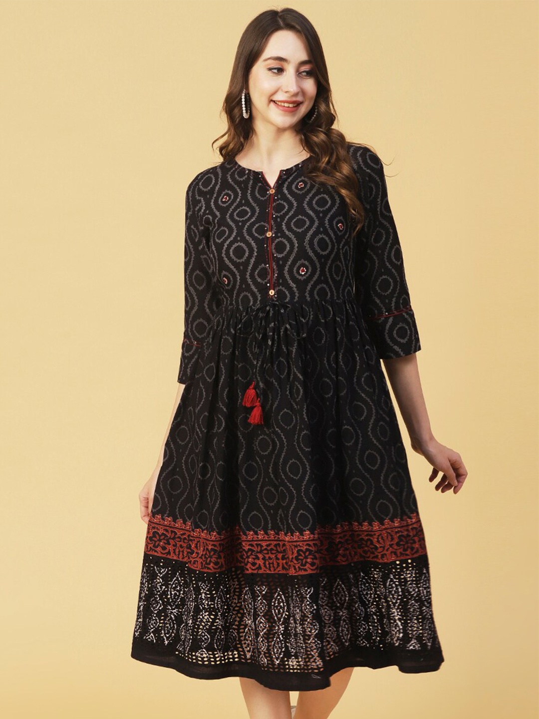 

FASHOR Printed Notched Neck Embellished Fit & Flare Cotton Midi Ethnic Dress, Black