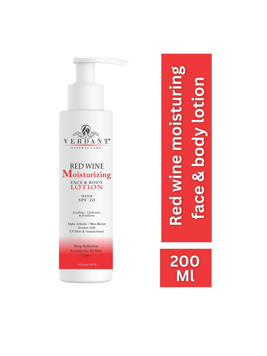 

Verdant Natural Red Wine Moisturizing Face & Body Lotion SPF-20 200 ml, White