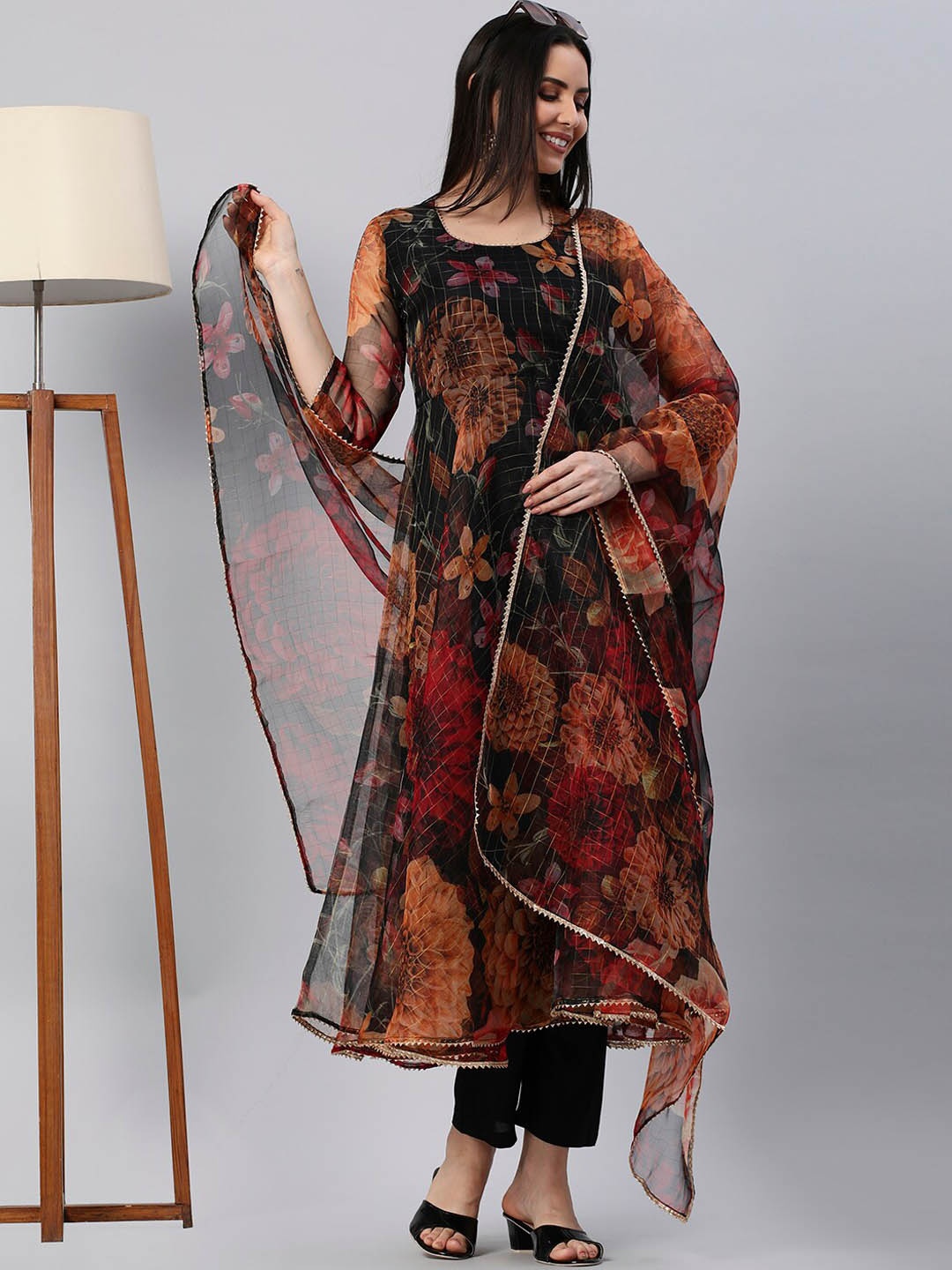 

KALINI Women Black Floral Printed Anarkali Kurta With Trousers & Dupatta