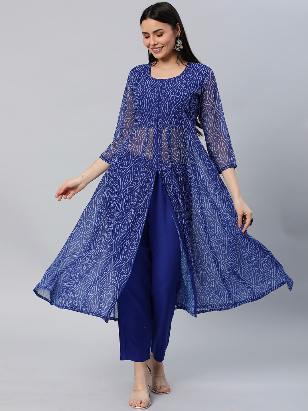 

KALINI Bandhani Printed High Slit A-Line Kurta With Trousers, Blue