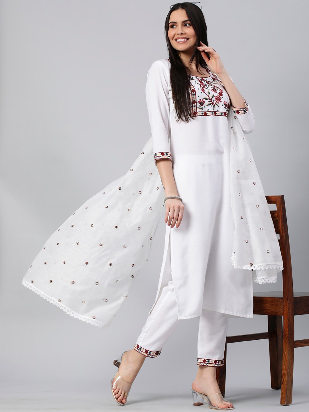 

KALINI Floral Embroidered Kurta With Trousers & Dupatta, White