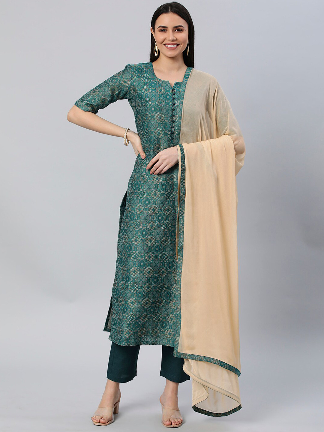 

KALINI Ethnic Motifs Printed Kurta with Trousers & Dupatta, Green