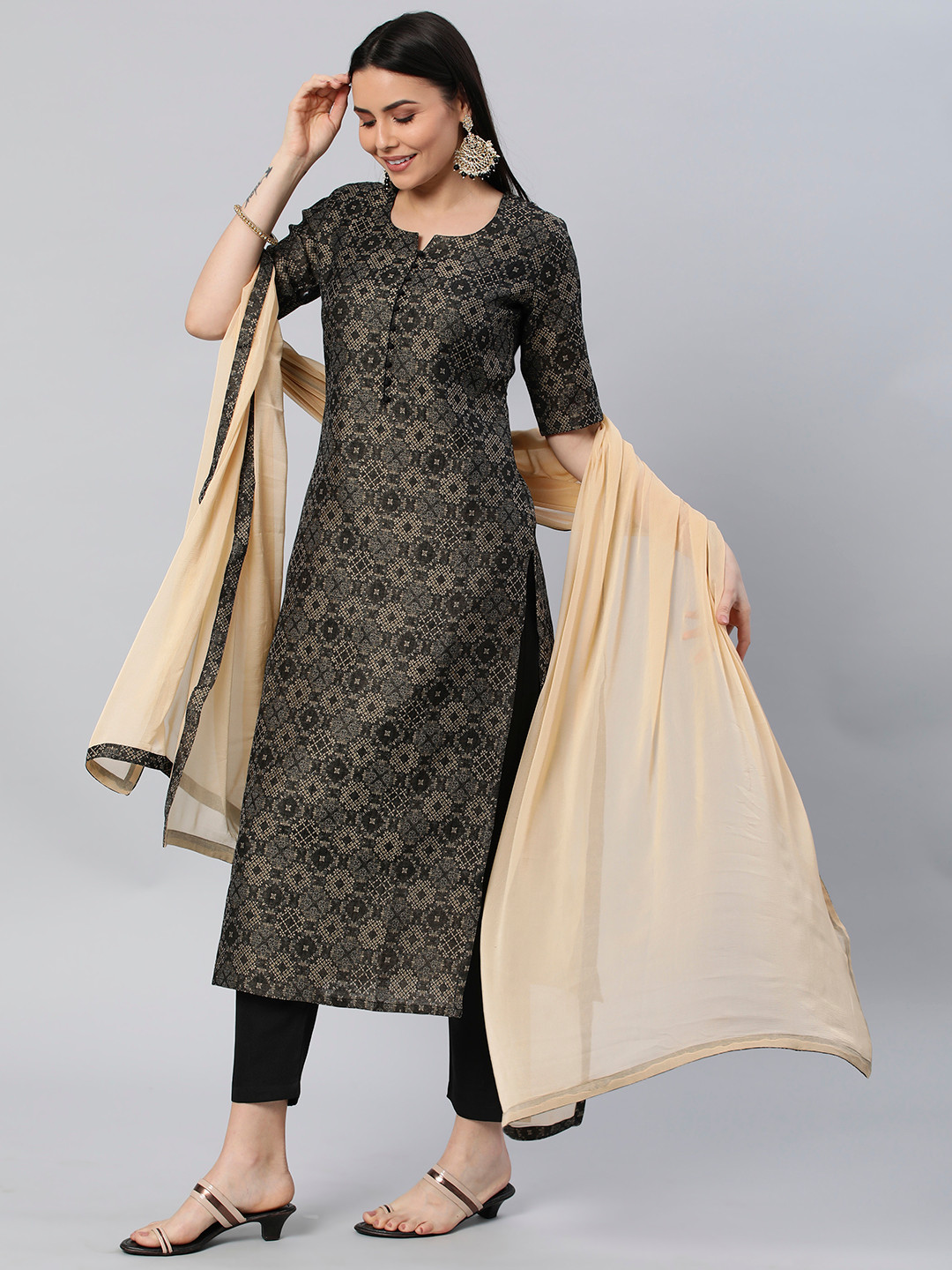 

KALINI Ethnic Motifs Printed Notched Neck Kurta With Trousers & Dupatta, Black