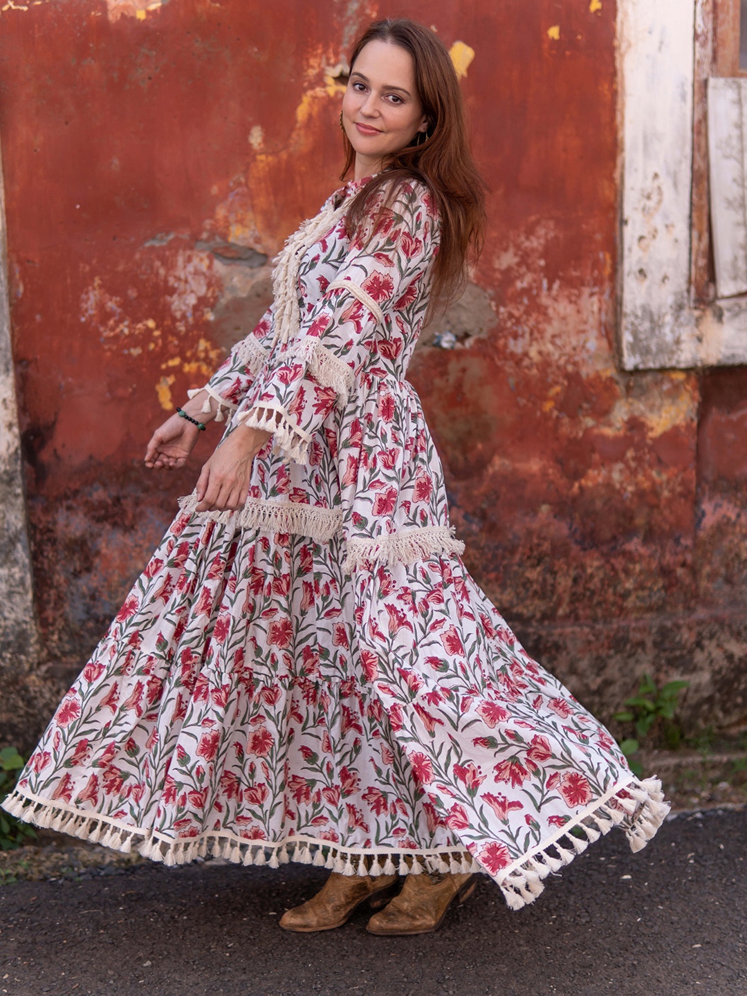 

Zanaash Floral Printed Tiered Cotton Fit & Flare Maxi Dress, White