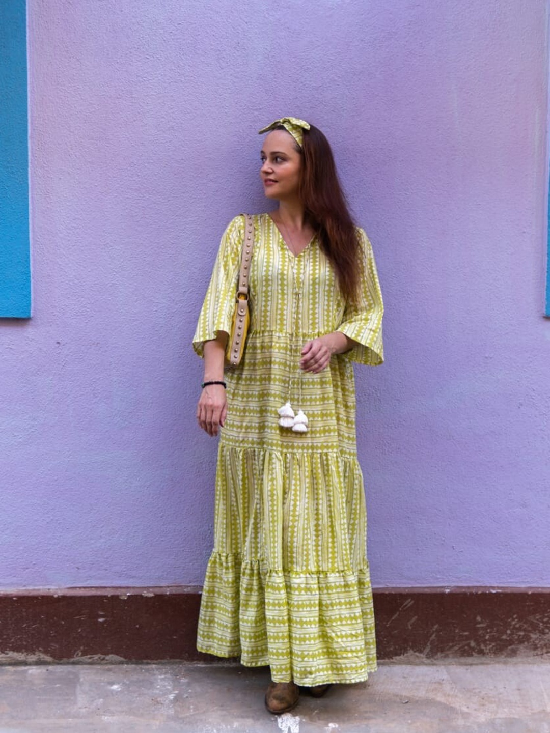

Zanaash Striped Tiered Cotton Fit & Flare Maxi Dress, Yellow