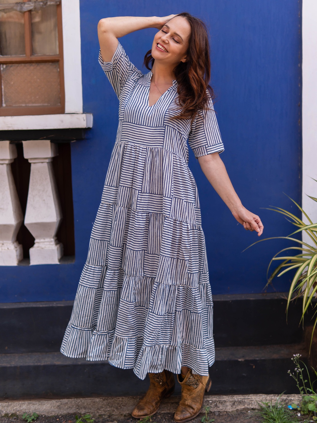 

Zanaash Striped Tiered Fit & Flare Maxi Dress, Blue