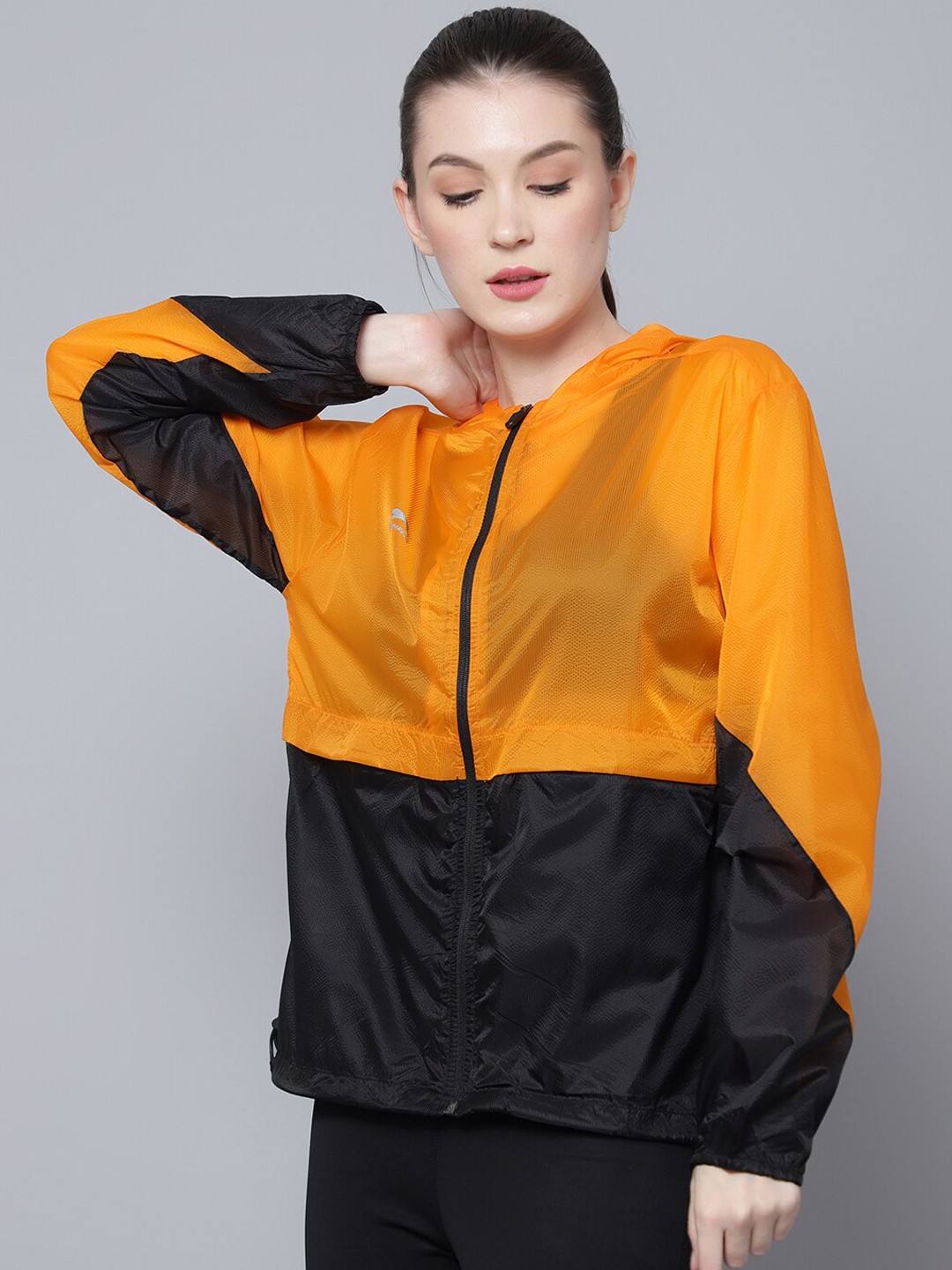 

Shiv Naresh Colourblocked Hooded Lightweight Running Bomber Jacket, Orange