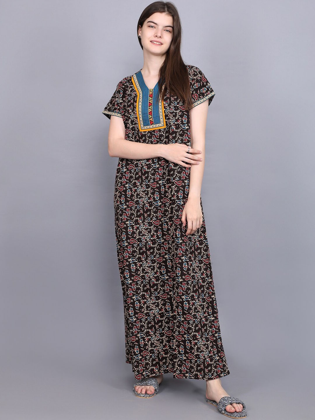 

evolove Ethnic Motifs Printed Pure Cotton Maxi Nightdress, Black