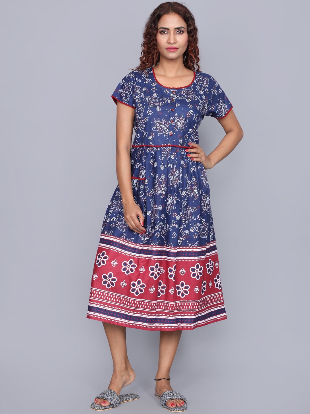 

evolove Ethnic Motifs Printed Pure Cotton Nightdress, Blue