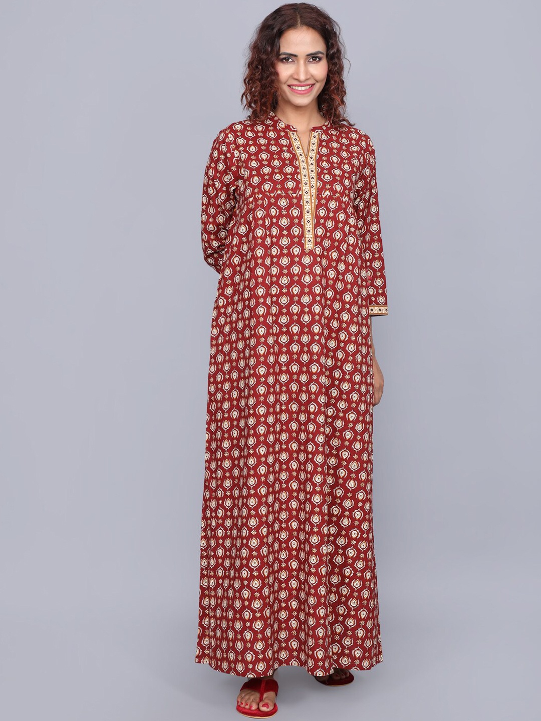 

evolove Ethnic Motifs Printed Pure Cotton Maxi Nightdress, Brown