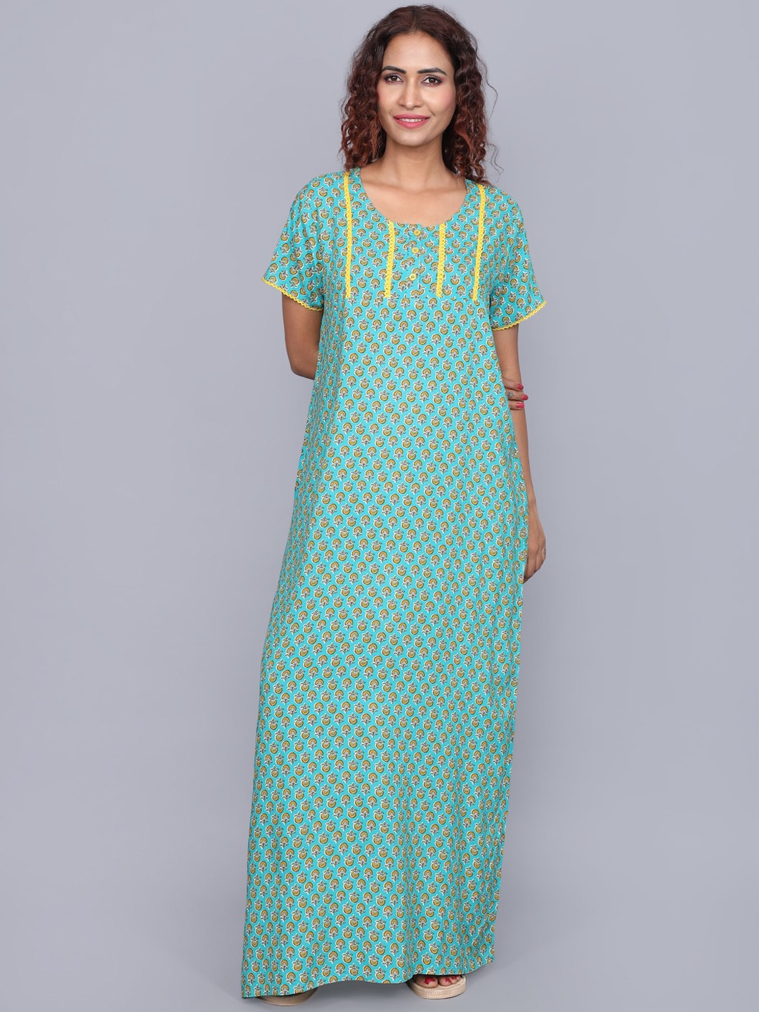 

evolove Ethnic Motifs Printed Pure Cotton Maxi Nightdress, Sea green