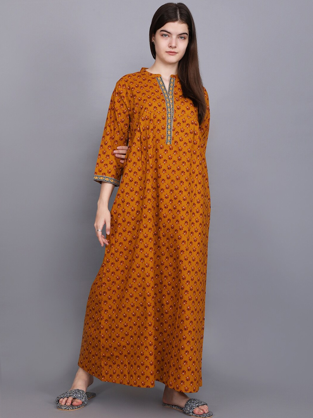 

evolove Ethnic Motifs Printed Pure Cotton Maxi Nightdress, Yellow