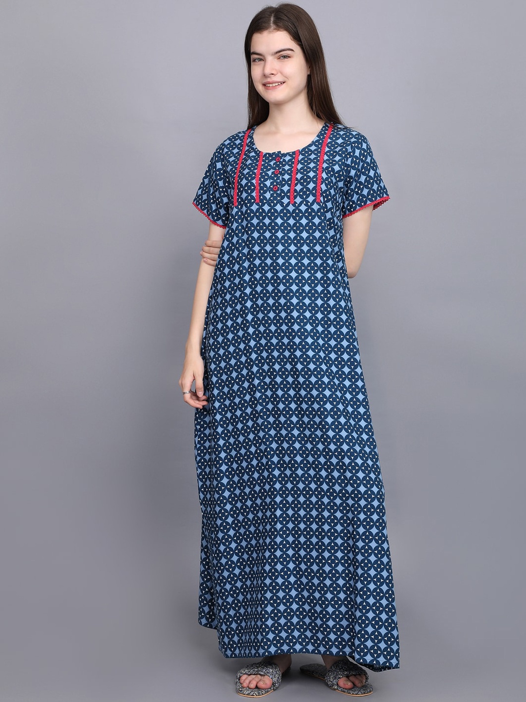 

evolove Ethnic Motifs Printed Pure Cotton Maxi Nightdress, Navy blue