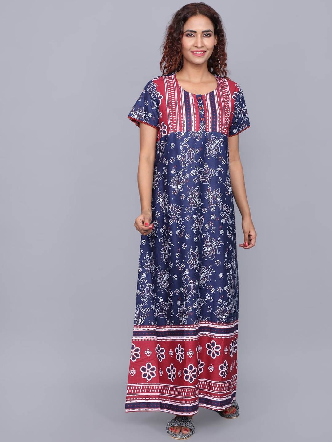 

evolove Ethnic Motifs Printed Pure Cotton Maxi Nightdress, Navy blue