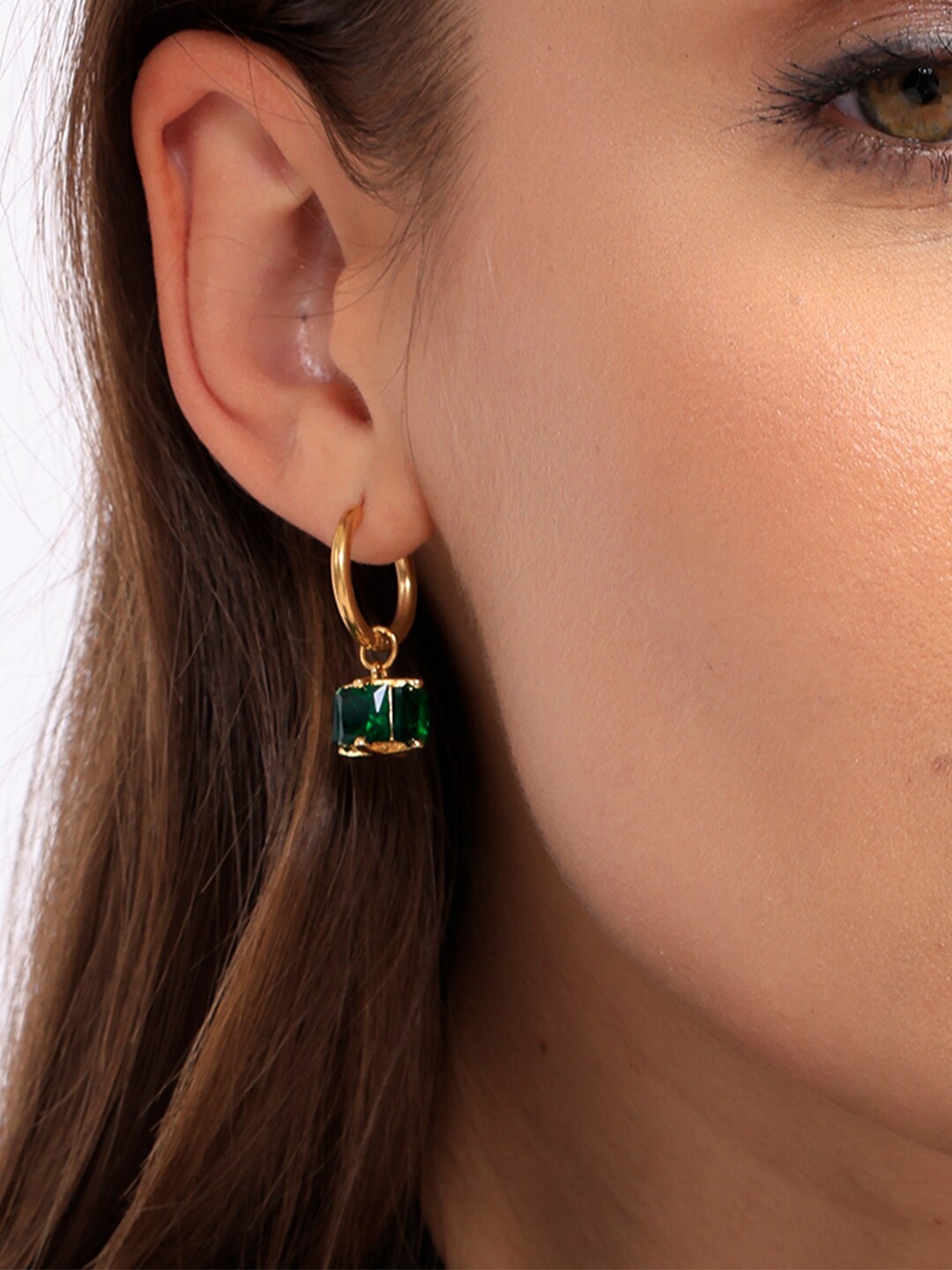 

PALMONAS Gold Plated Contemporary Stone Studded Hoop Earrings