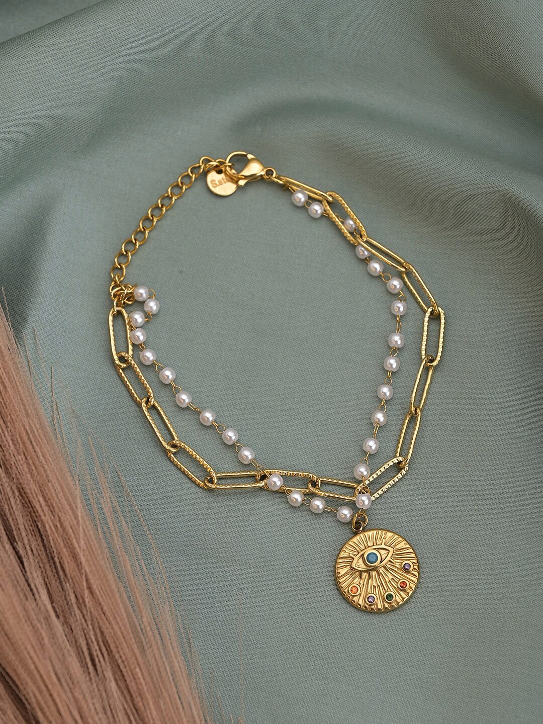 

PALMONAS Gold-Plated Layered Cats Eye Link Bracelet