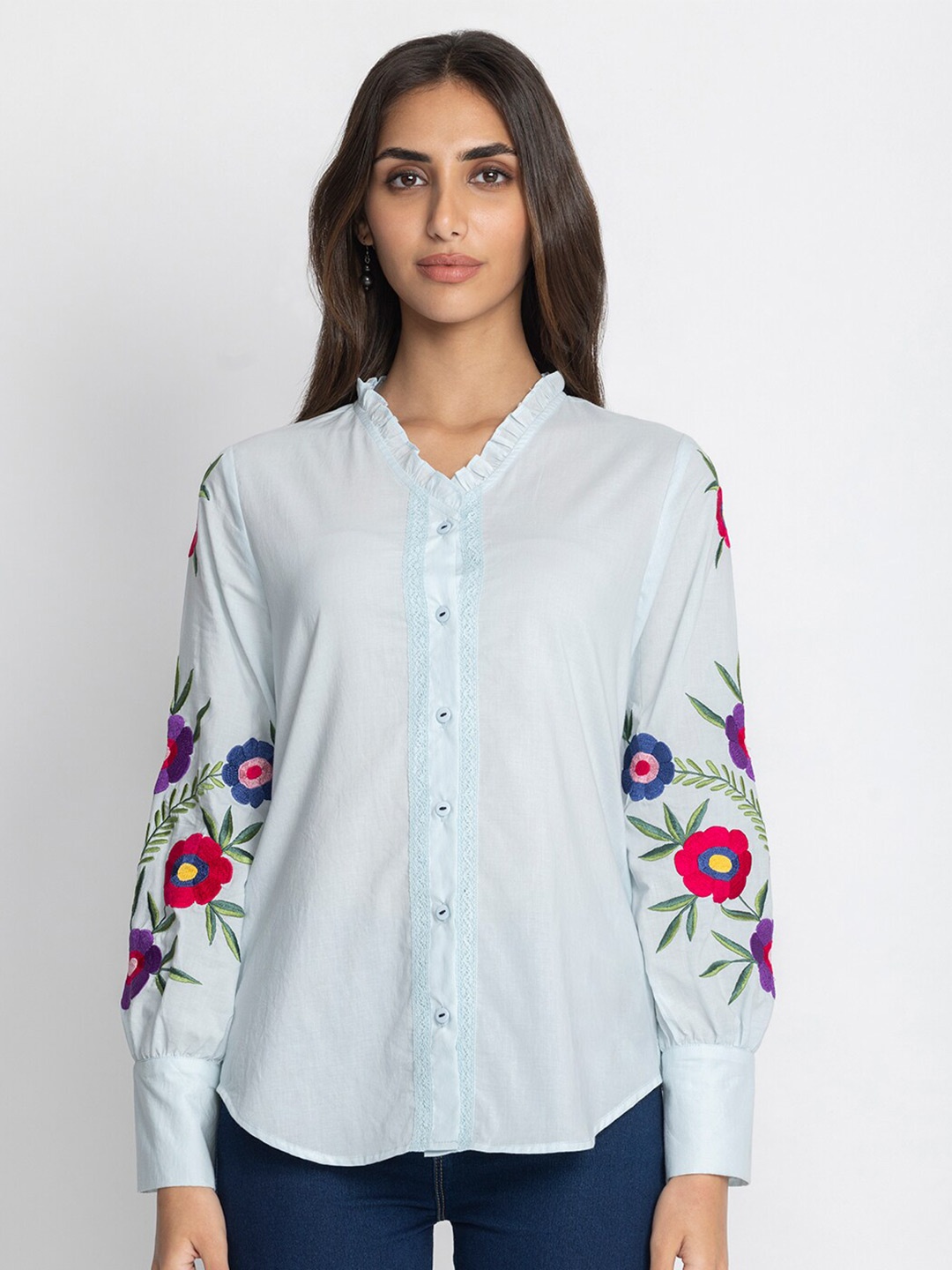 

SHAYE Embroidered Floral Comfort Opaque Pure Cotton Casual Shirt, Blue