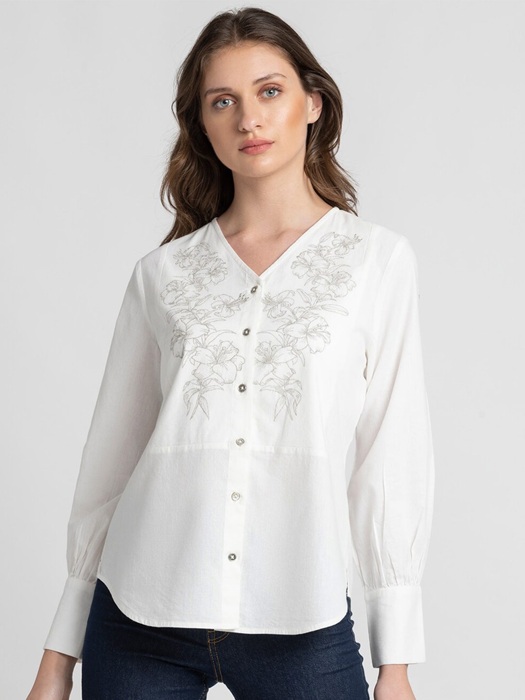 

SHAYE Comfort V- Neck Embroidered Pure Cotton Casual Shirt, White