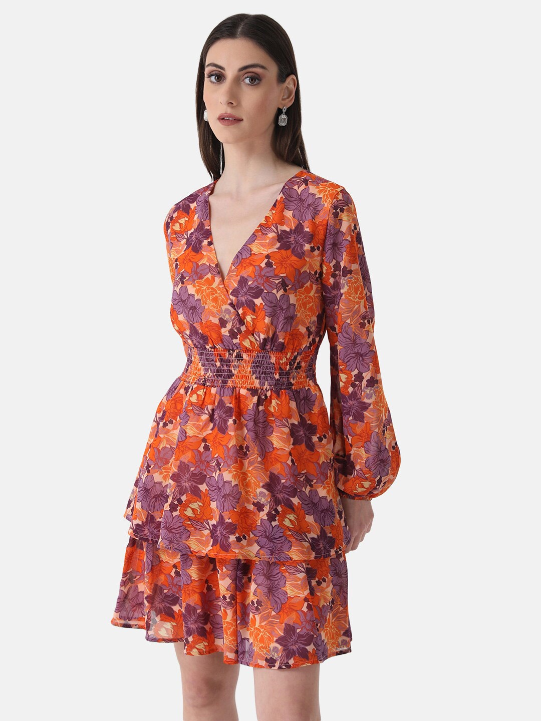 

Kazo Floral Print V-Neck Smocked Georgette Wrap Dress, Peach
