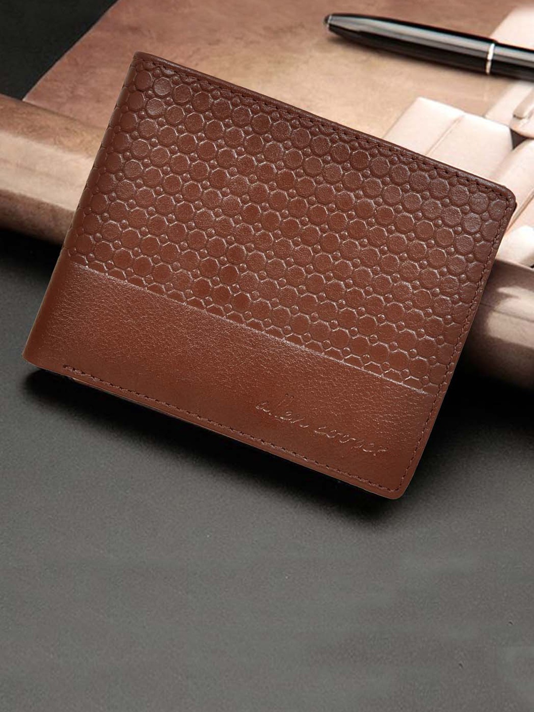 

Allen Cooper Men Geometric Textured Leather Two Fold Wallet, Brown