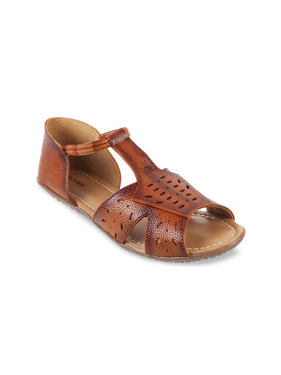 

WALKWAY by Metro Women Leather Open Toe Flats With Laser Cuts, Tan