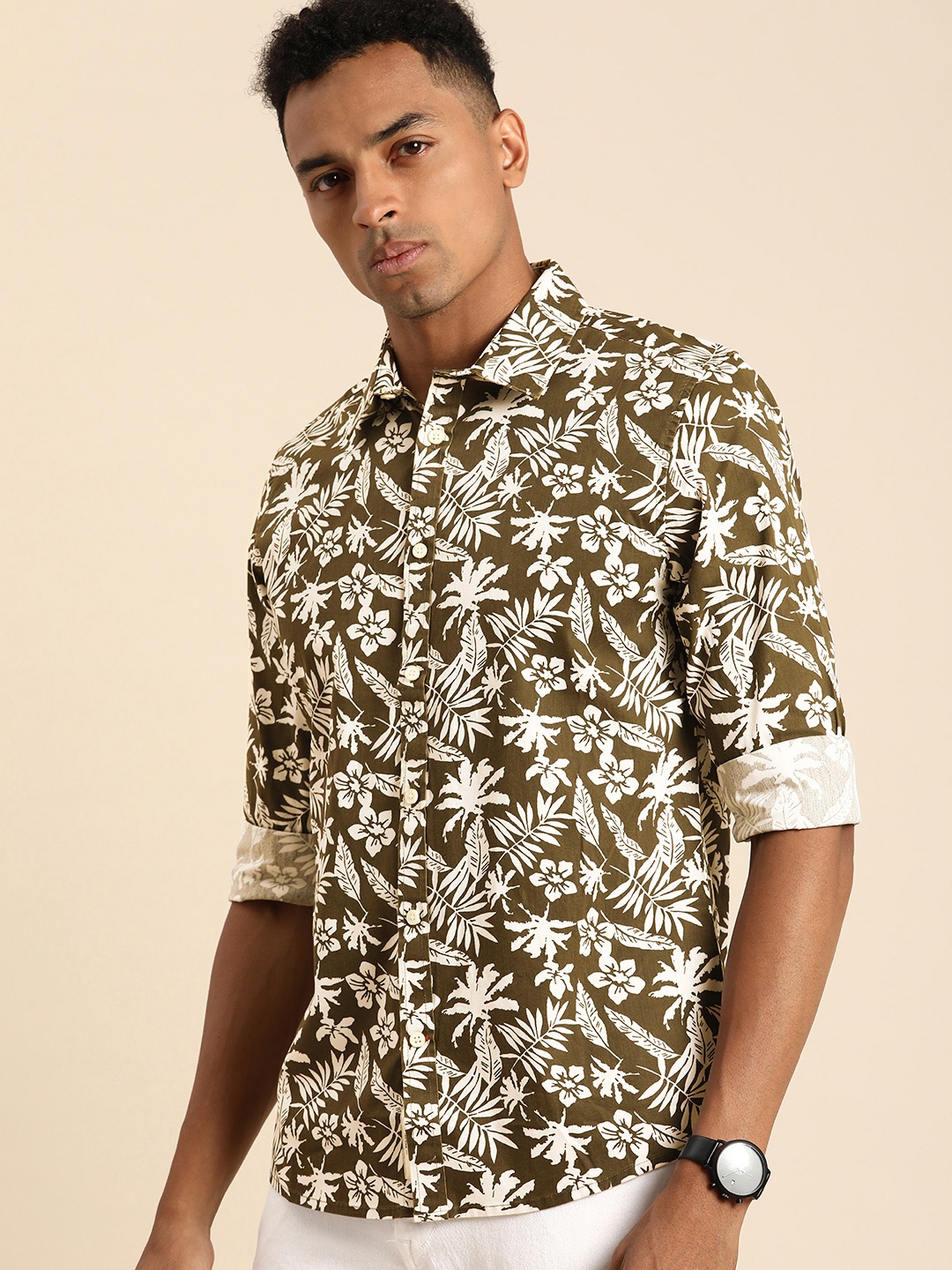 Being Human Men Slim Fit Opaque Printed Casual Shirt, Olive