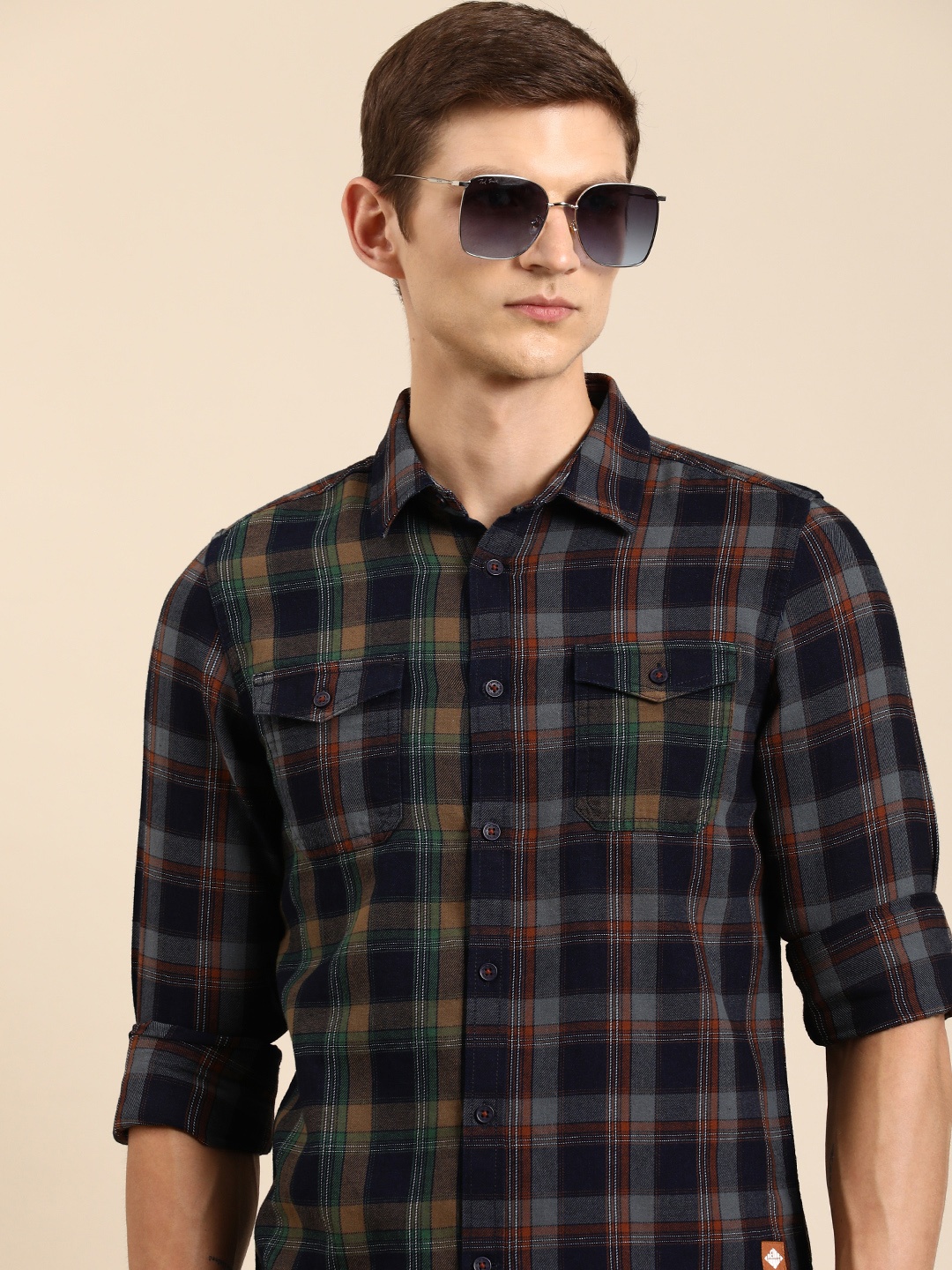 

Being Human Pure Cotton Slim Fit Checked Casual Shirt, Navy blue