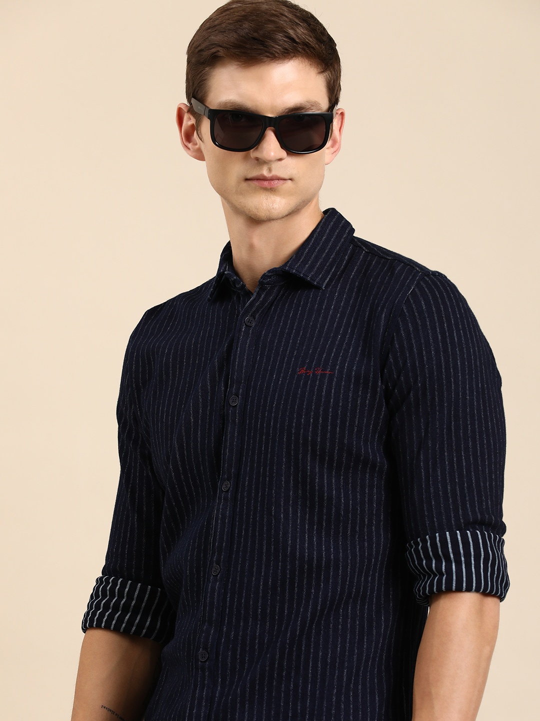 Being Human Pure Cotton Slim Fit Striped Casual Shirt, Navy blue