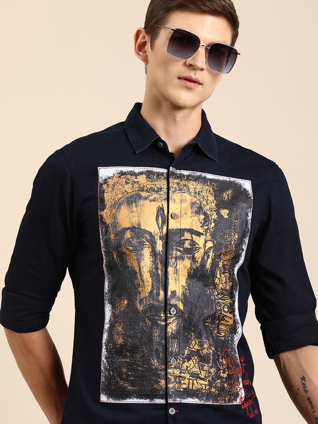 

Being Human Pure Cotton Slim Fit Printed Casual Shirt, Navy blue