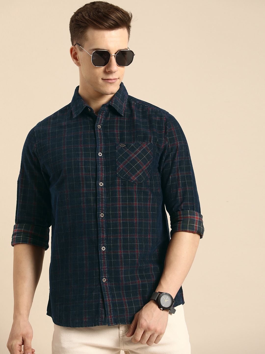 

Being Human Slim Fit Checked Pure Cotton Corduroy Casual Shirt, Navy blue