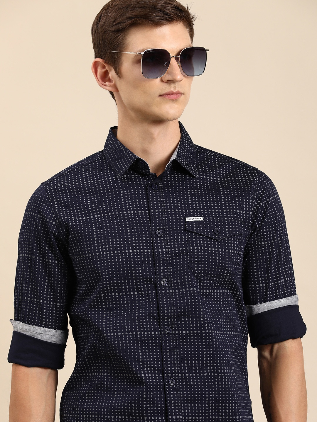 

Being Human Men Slim Fit Opaque Printed Casual Shirt, Navy blue