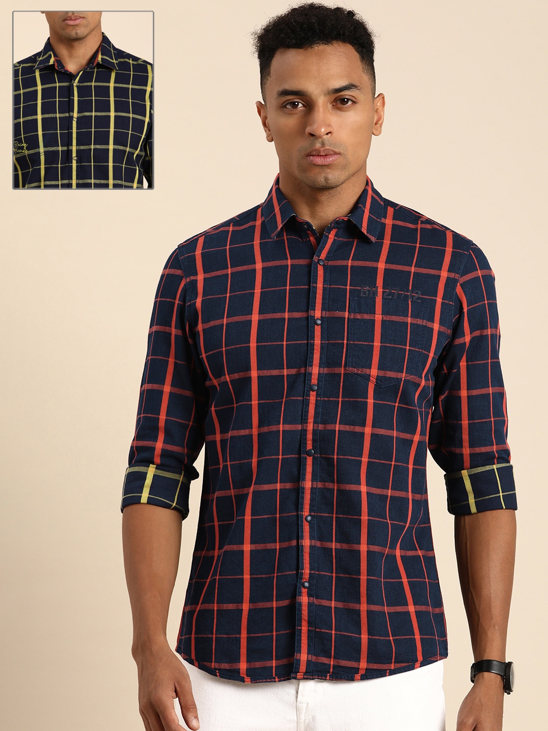 

Being Human Men Pure Cotton Reversible Slim Fit Opaque Checked Casual Shirt, Navy blue