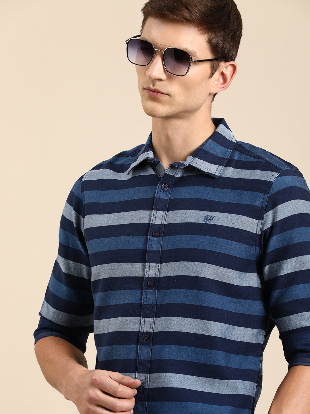 

Being Human Slim Fit Horizontal Striped Casual Shirt, Navy blue