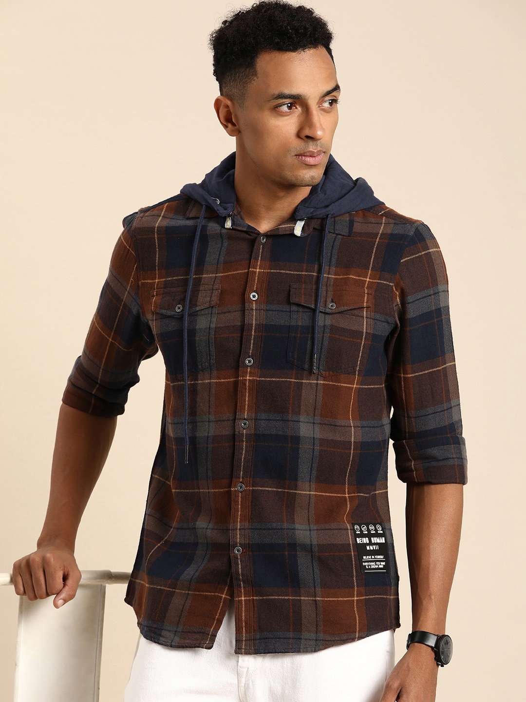 

Being Human Men Slim Fit Opaque Hood Checked Casual Shirt, Brown