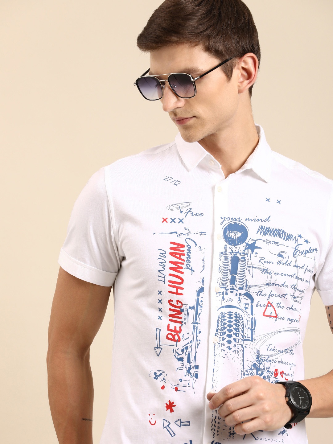 

Being Human Super Slim Fit Graphic Printed Pure Cotton Casual Shirt, White