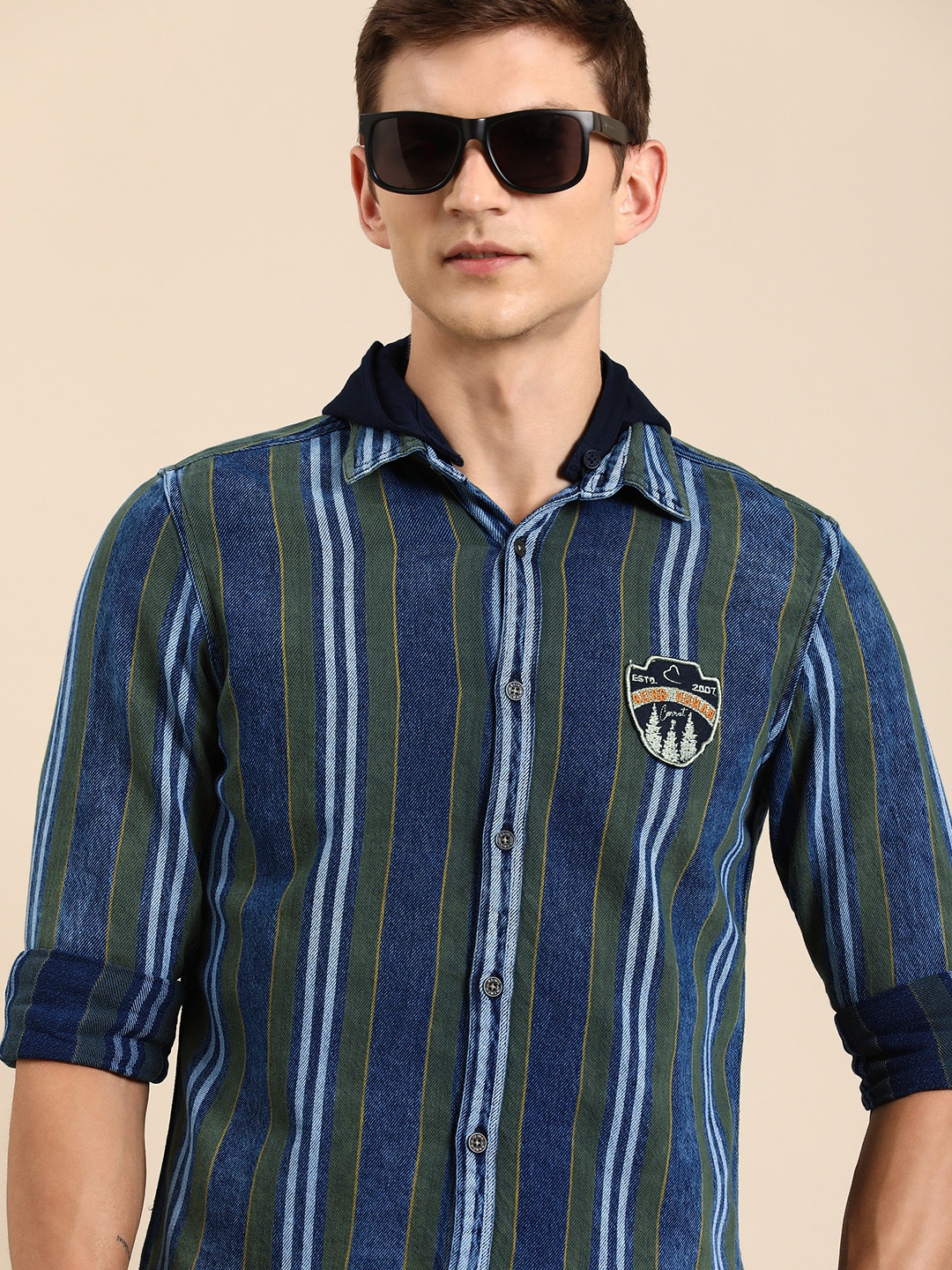 

Being Human Men Pure Cotton Slim Fit Striped Casual Shirt, Blue