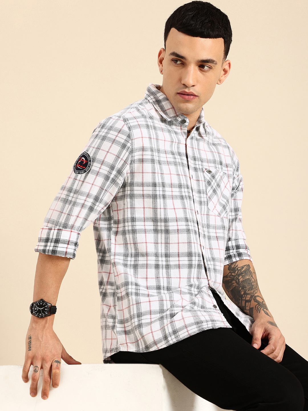 

Being Human Slim Fit Checked Corduroy Pure Cotton Casual Shirt, White