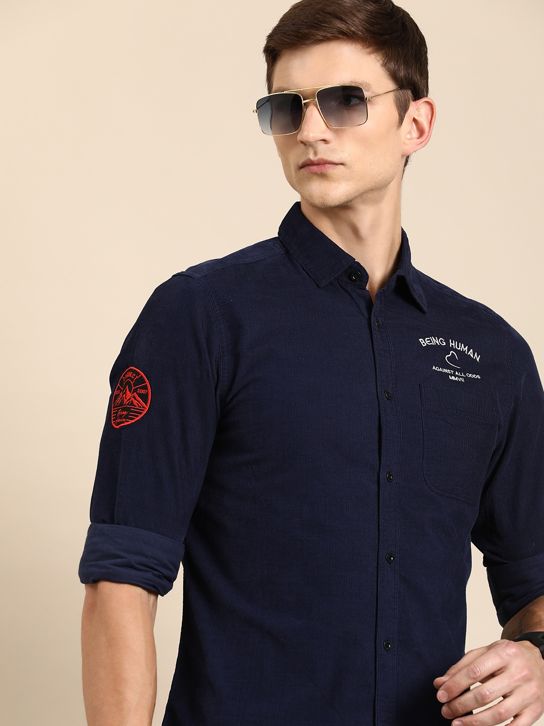 

Being Human Textured Slim Fit Pure Cotton Casual Shirt, Navy blue