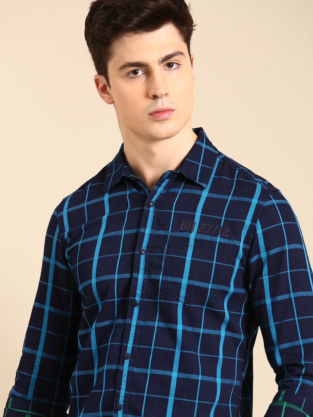 Being Human Men Pure Cotton Slim Fit Checked Casual Shirt, Navy blue